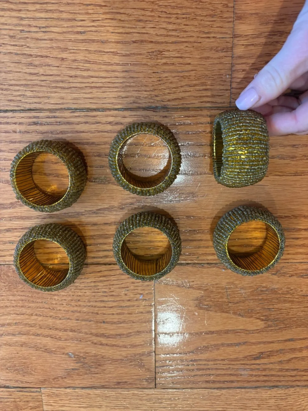 Set of 6 Beaded Gold Napkin Rings | Amber Bead Napkin Holders | Boho Glam Decor
